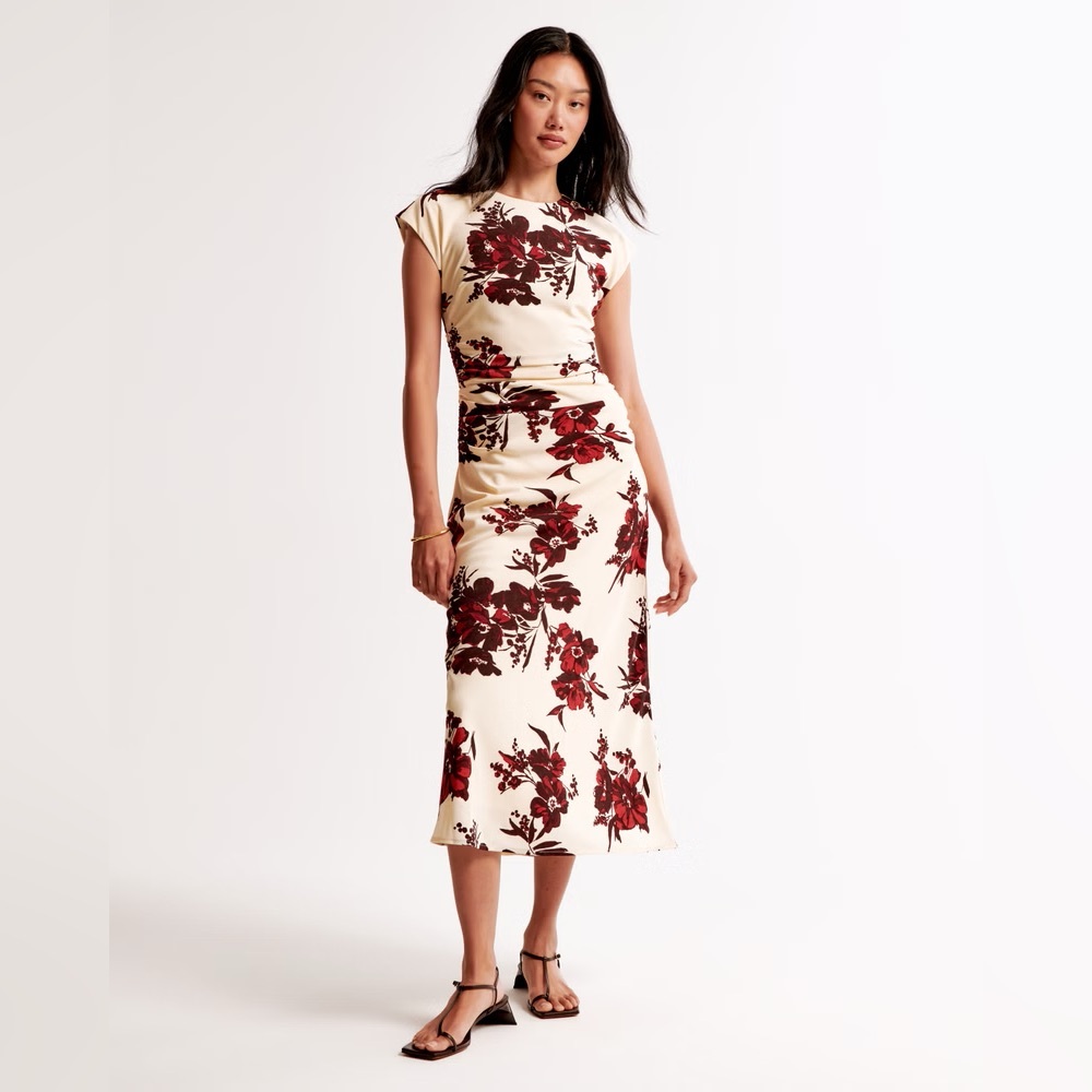 Abercrombie & Fitch Cream Midi Dress with Red Floral Print